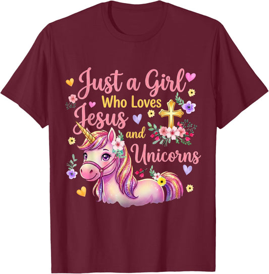 Just A Girl Who Loves Jesus and Unicorns Christian Religious T-Shirt - T-Shirt | Maroon