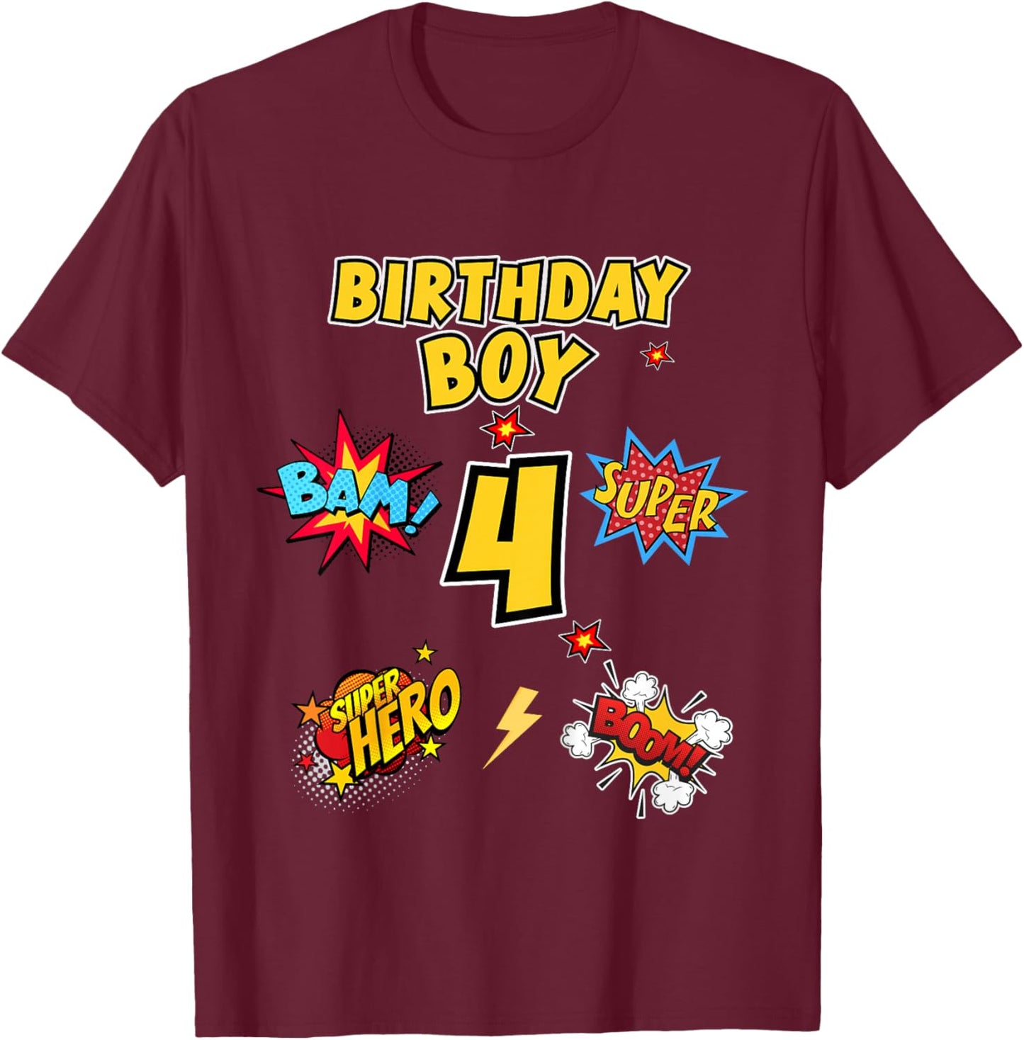 Kinder Vierter Geburtstag, 4 Jahre Alter Junge, Superheld, 4. Geburtstag T-Shirt - T-Shirt | Maroon