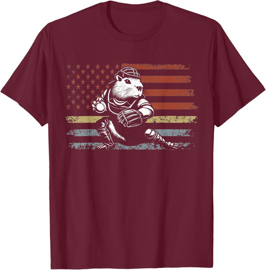 Capybara Baseball Retro Usa Flag Capybara Catcher Baseball T-Shirt - T-Shirt | Maroon