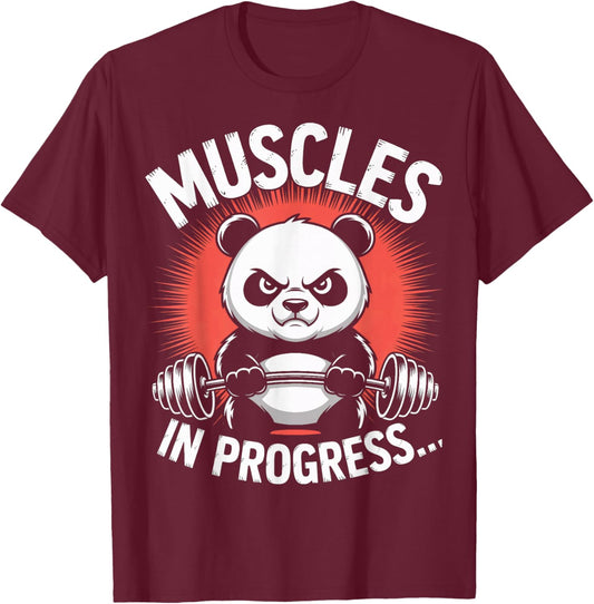 Muscles in Progress Workout Panda Barbell Gym Enthusiast T-Shirt - T-Shirt | Maroon