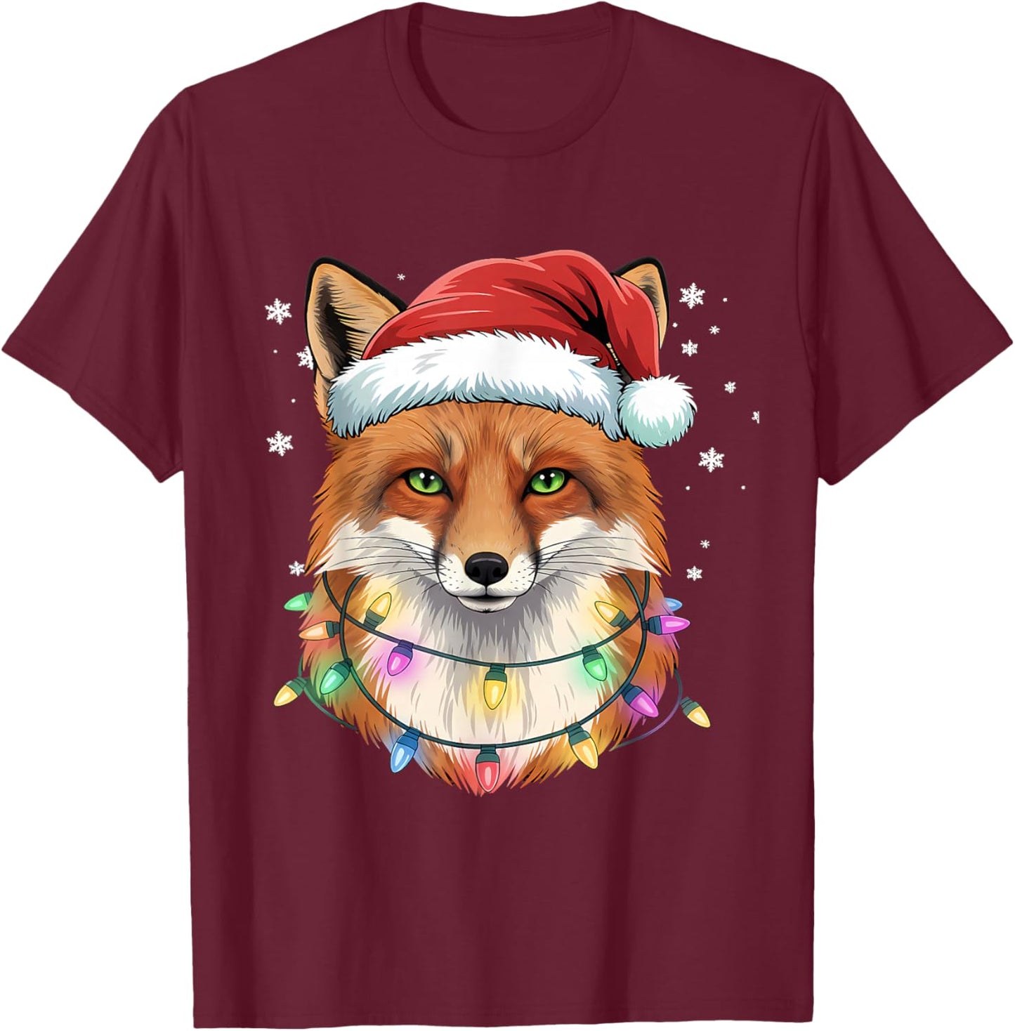 Christmas Lights Fox Santa Hat Cute Xmas Pajamas T-Shirt - T-Shirt | Maroon