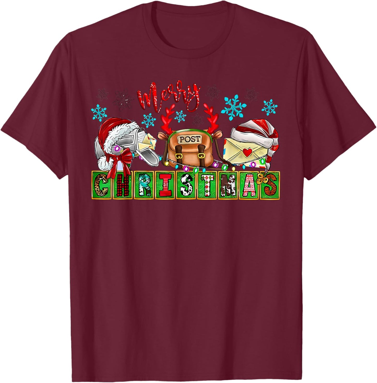 Merry Post Christmas Postal Worker Post Office Santa Hat T-Shirt - T-Shirt | Maroon