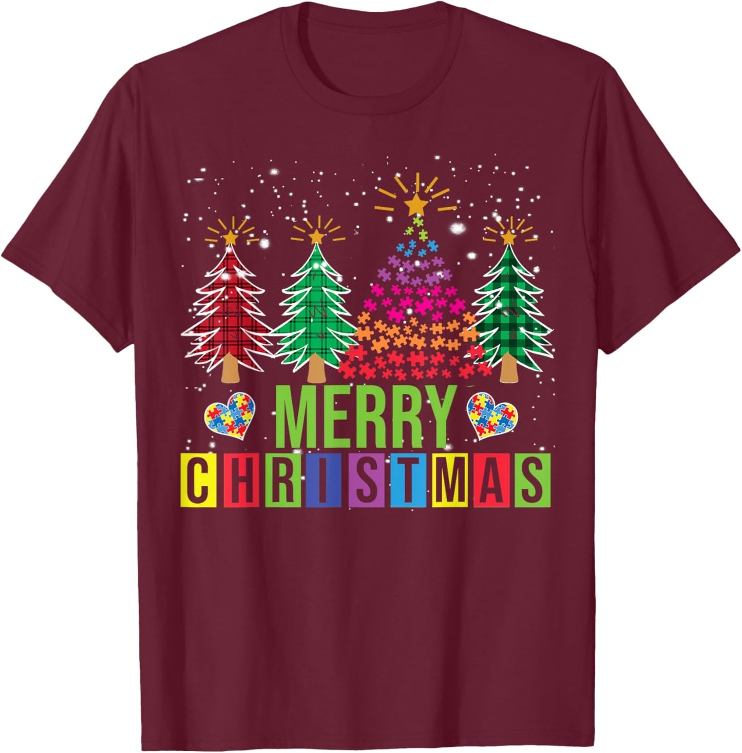 Autism Merry Christmas Tree Buffalo Plaid Matching Family T-Shirt - T-Shirt | Maroon