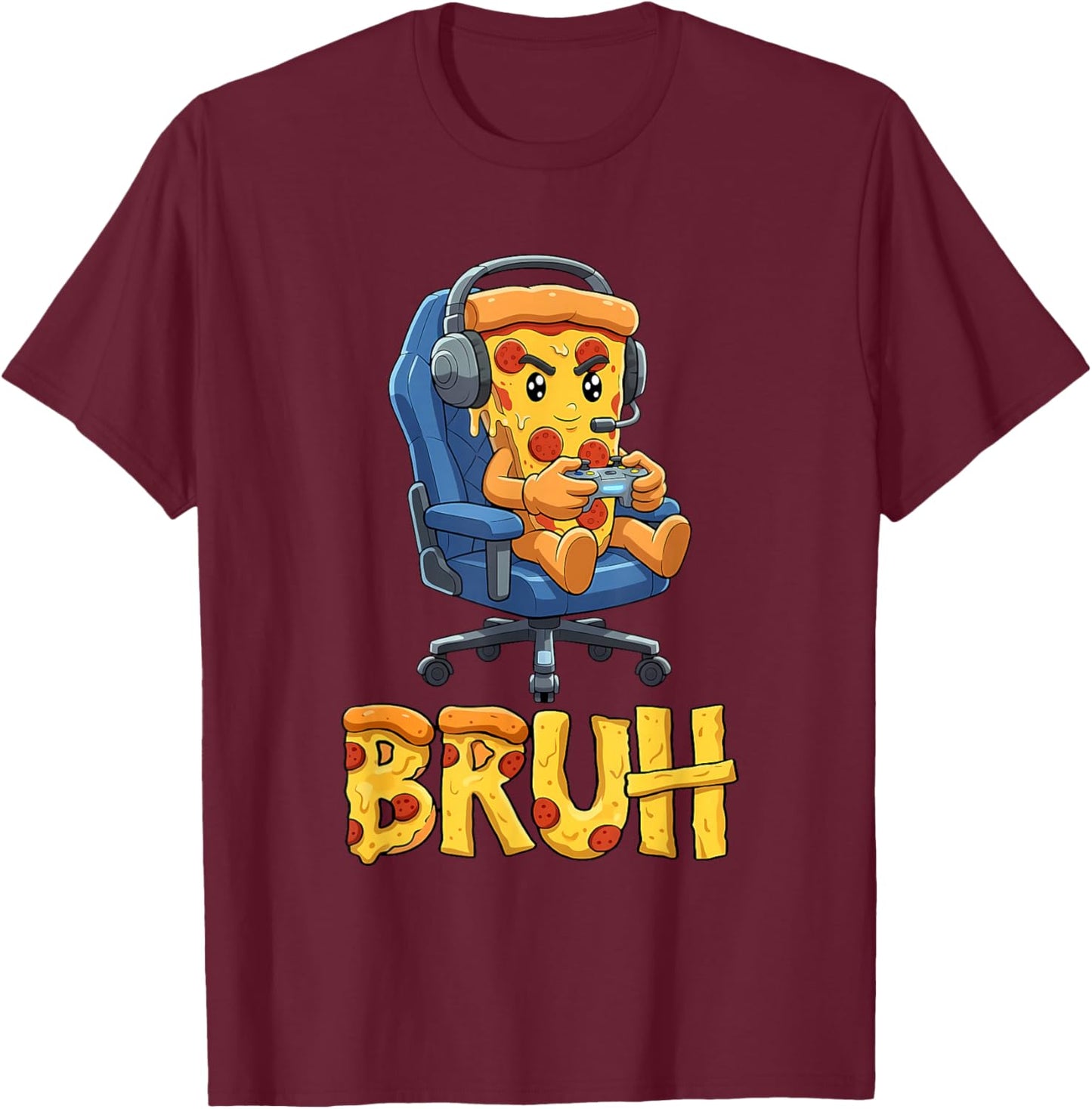 Bruh Pizza Gamer Funny Gaming Meme for Gamer Boys Kids T-Shirt - T-Shirt | Maroon