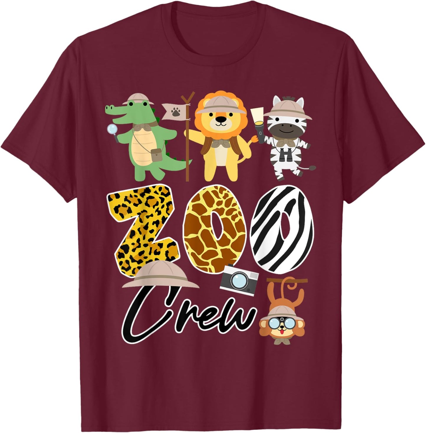 Wildlife Zoo Crew with Giraffe, Zebra, and Lion T-Shirt - T-Shirt | Maroon