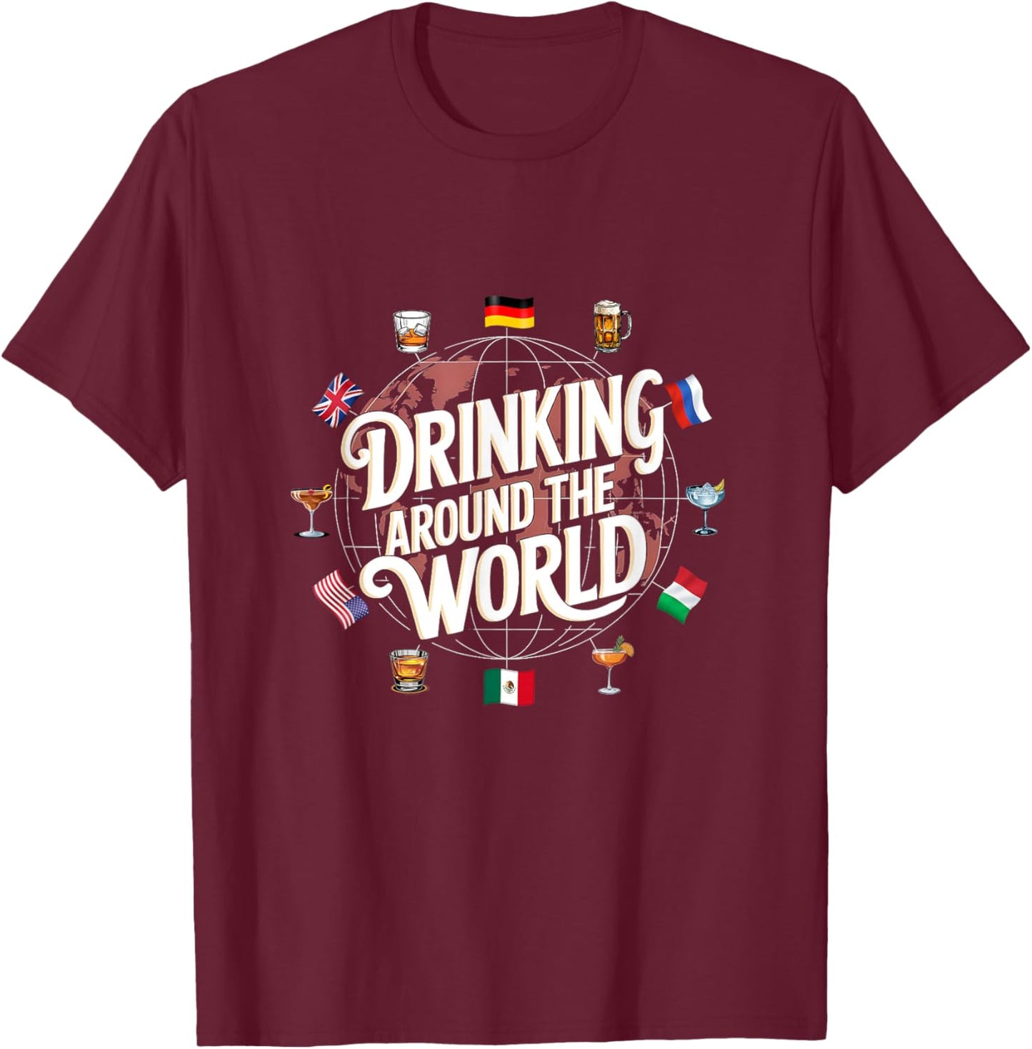 Funny Drinking Around The World Drink - Funny Drinking Around The World Drink - Black - -Adults - Short Sleeve - - Polyester 100% - Modern Cartoon Round Collar - Small T-Shirt - T-Shirt | Maroon