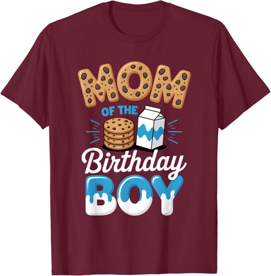 Mom of The Birthday Boy Cookie Milk Matching Celebration T-Shirt - T-Shirt | Maroon