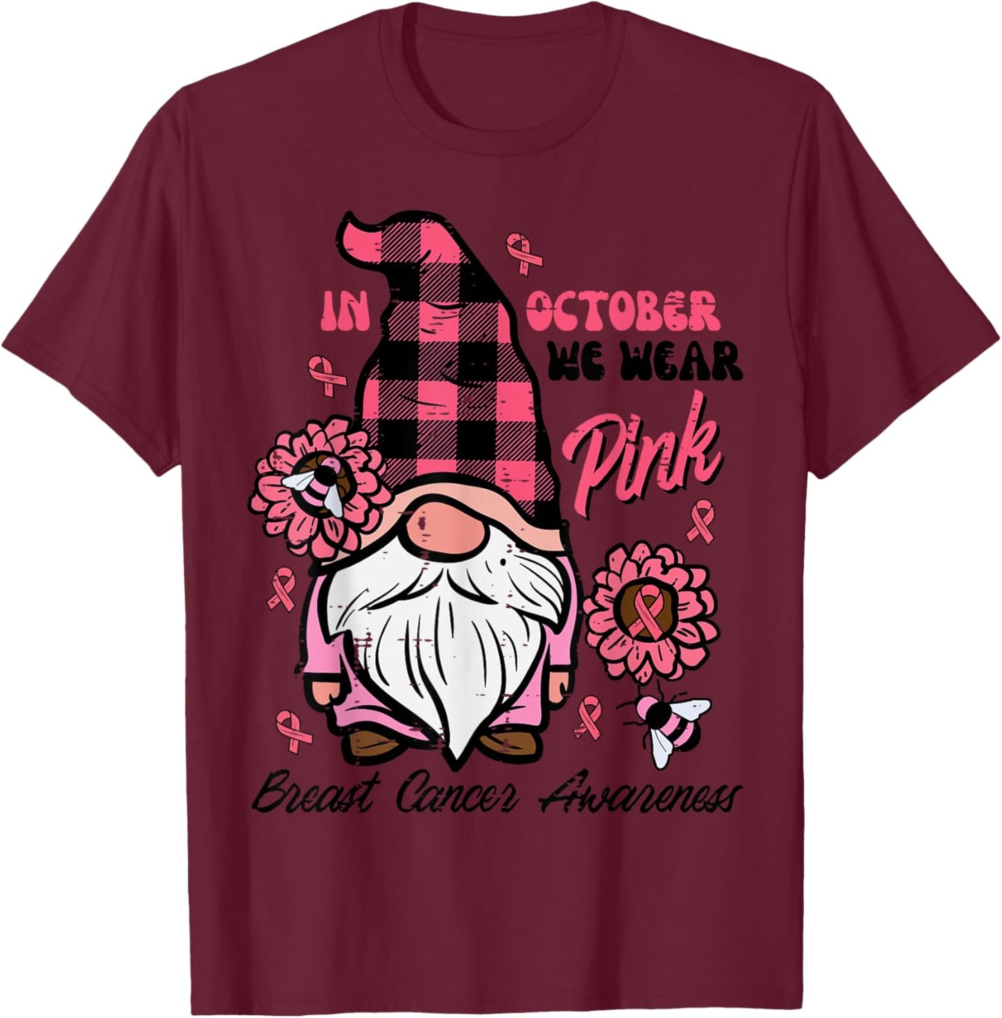 Breast Cancer Aware Gnome October We Wear Pink Women Kid Men T-Shirt - T-Shirt | Maroon