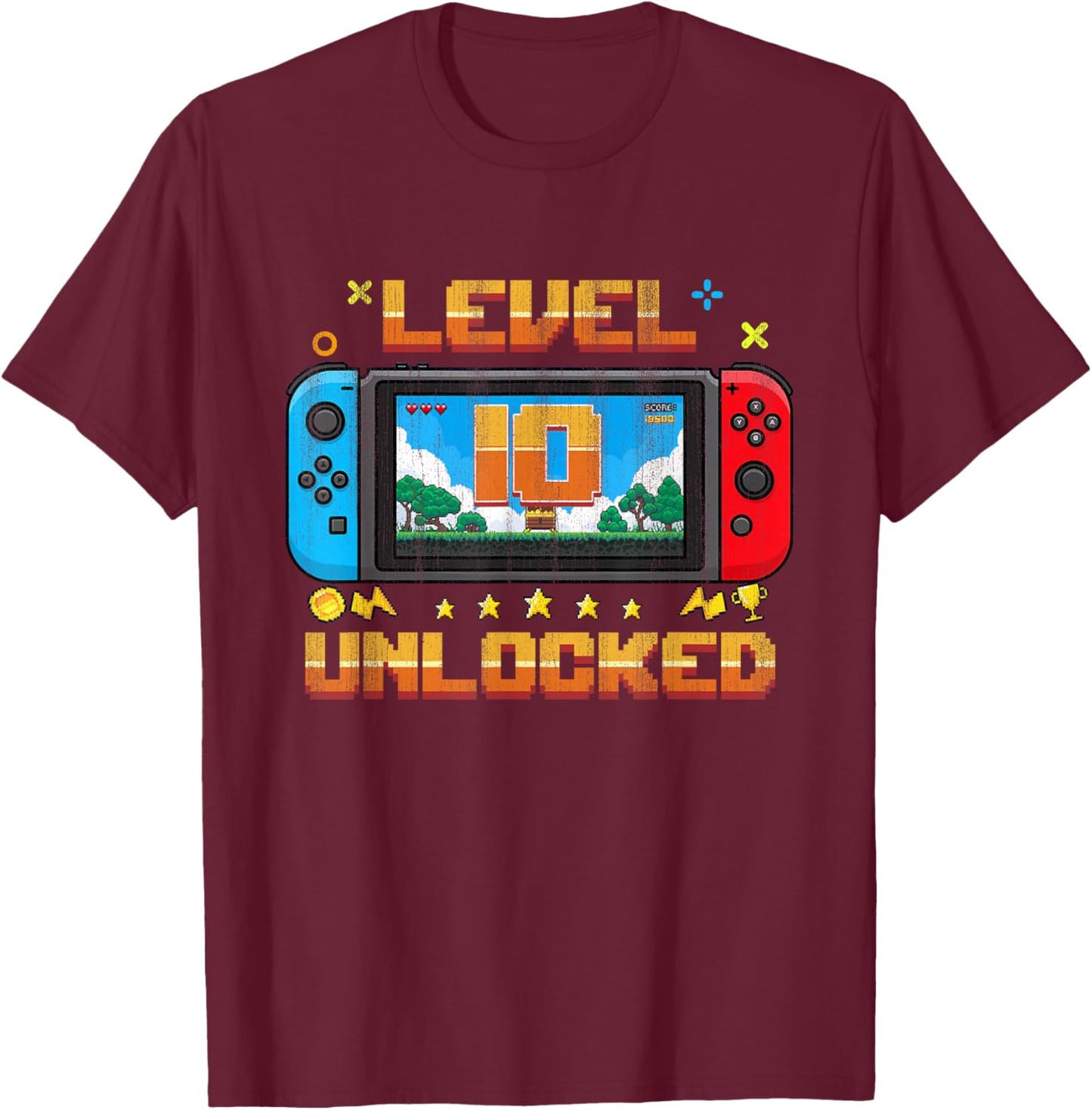 Gaming Gift Boys Level 10 Unlocked 10th Birthday Video Gamer T-Shirt - T-Shirt | Maroon