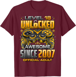 Level 18 Unlocked Awesome Since 2007 18th Birthday Gaming T-Shirt - T-Shirt | Maroon