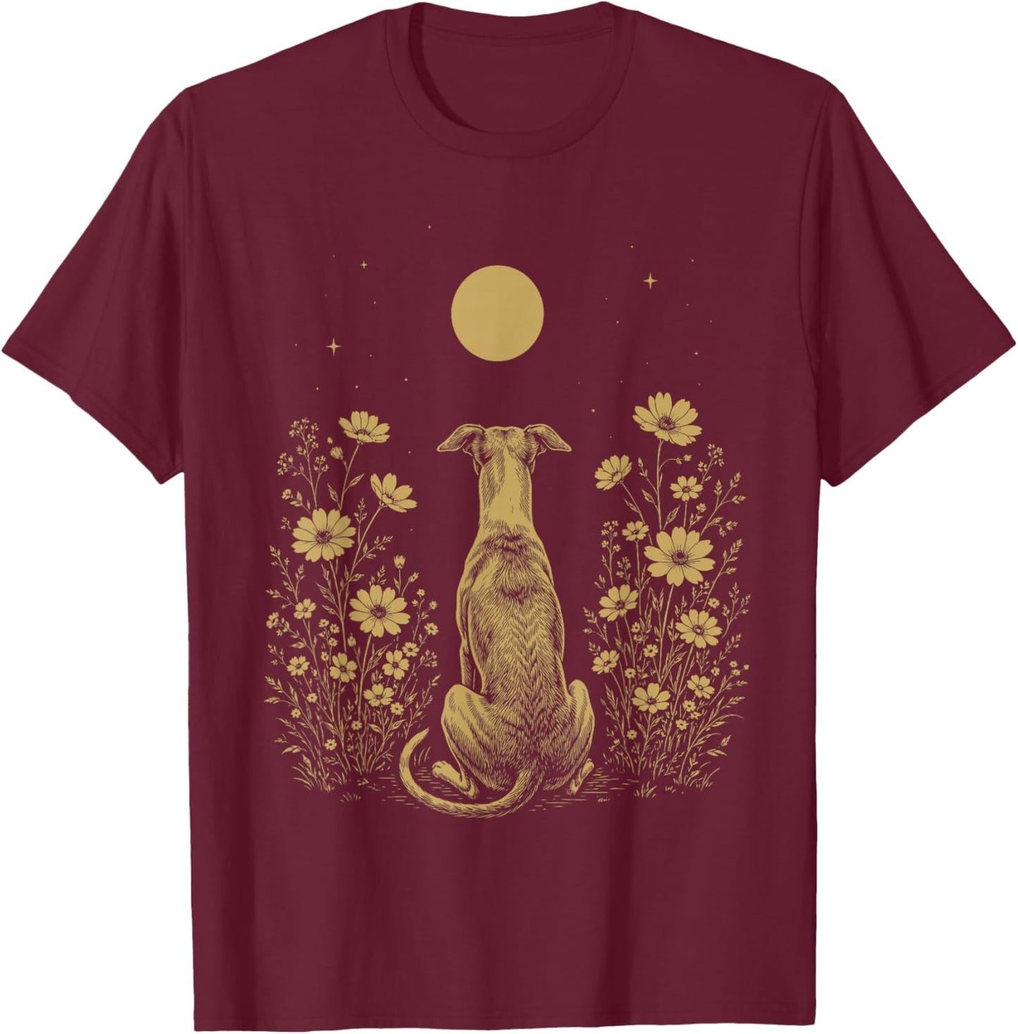 Whippet Moon Night Flower Minimalist Boho Dog Lover T-Shirt - T-Shirt | Maroon