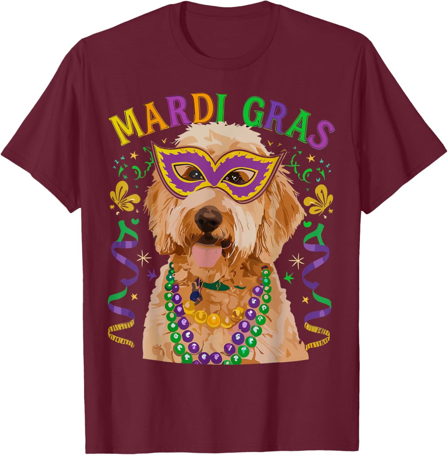 Golden Doodle Mardi Gras Beads Fleur De Lis For Dog Mom Dad T-Shirt - T-Shirt | Maroon