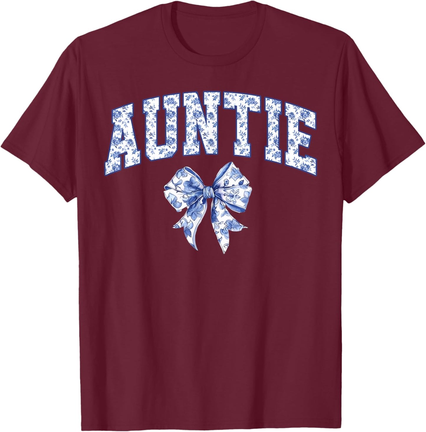 Auntie Coquette Toile Blue Bow Floral Family Matching T-Shirt - T-Shirt | Maroon
