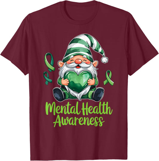 Mental Health Awareness Cute Gnome with Heart and Ribbon T-Shirt - T-Shirt | Maroon