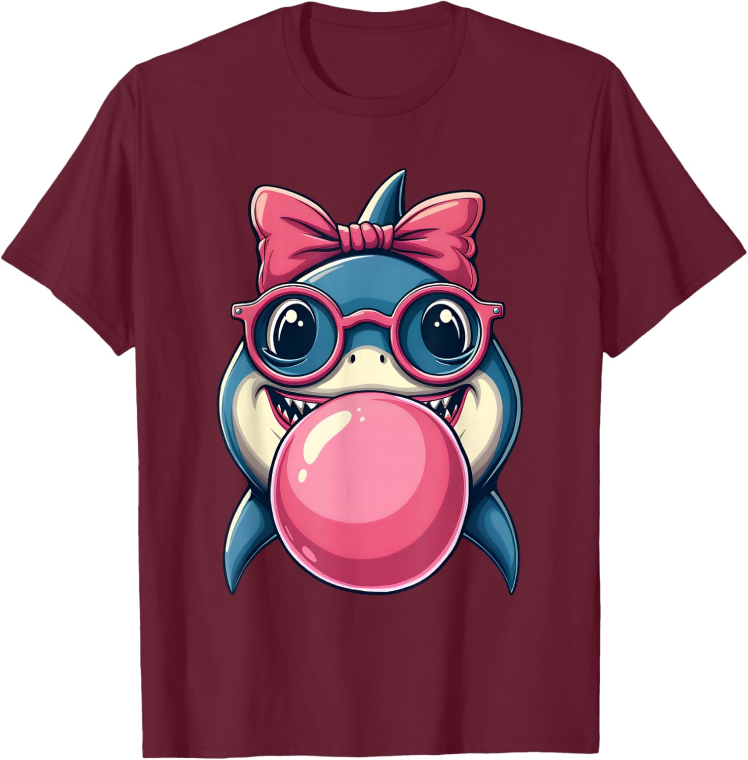 Glasses Bubblegum Cute Shark Pink Bow Funny Little Girl T-Shirt - T-Shirt | Maroon