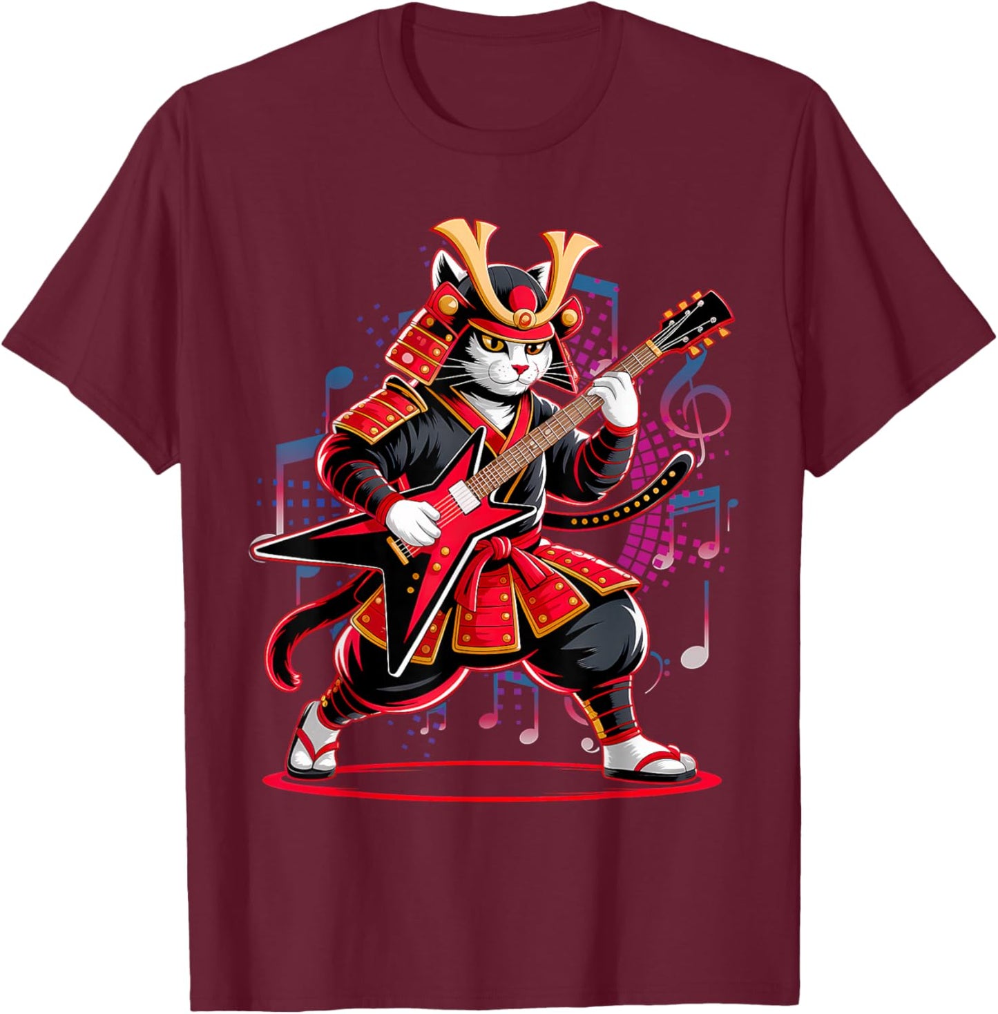 Japanese Samurai Cat Playing Electric Guitar Player T-Shirt - T-Shirt | Maroon