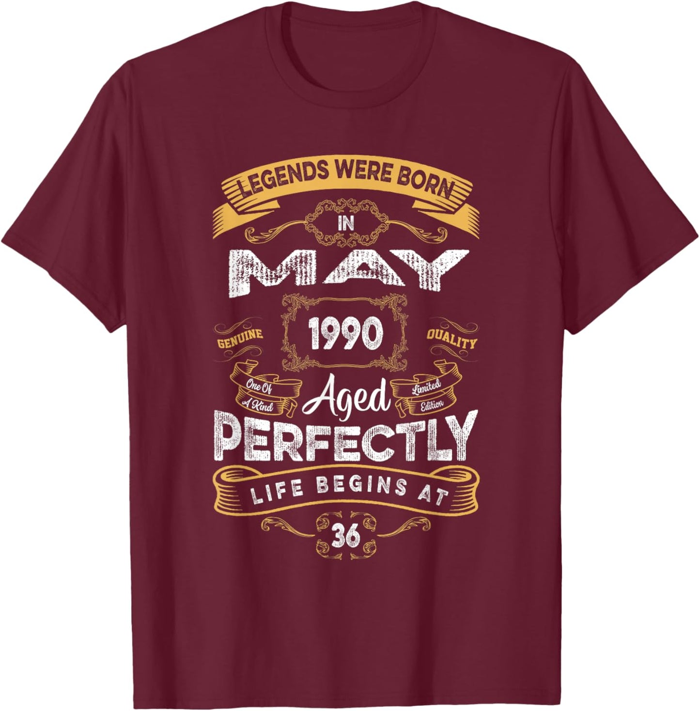 Vintage 36th Birthday Legends were Born in May 1990 T-Shirt - T-Shirt | Maroon