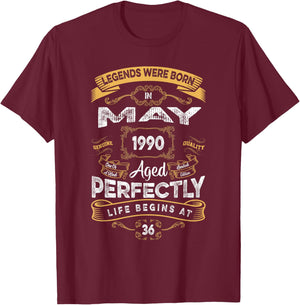 Vintage 36th Birthday Legends were Born in May 1990 T-Shirt - T-Shirt | Maroon