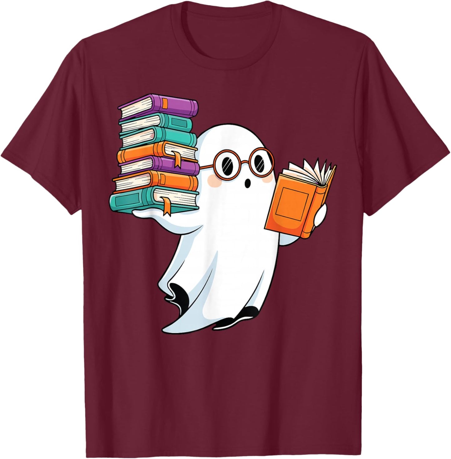 Ghost Reading Books Halloween Library T-Shirt - T-Shirt | Maroon