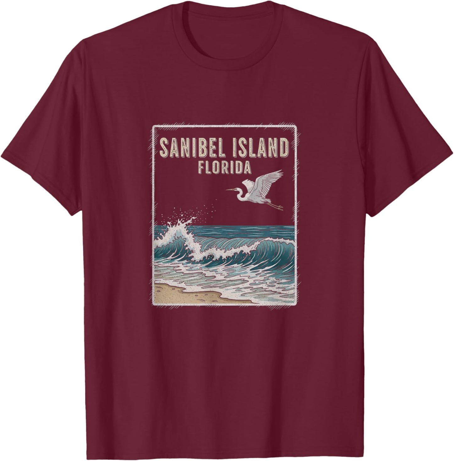 Vintage Sanibel Island Florida Drawing Art Design T-Shirt - T-Shirt | Maroon