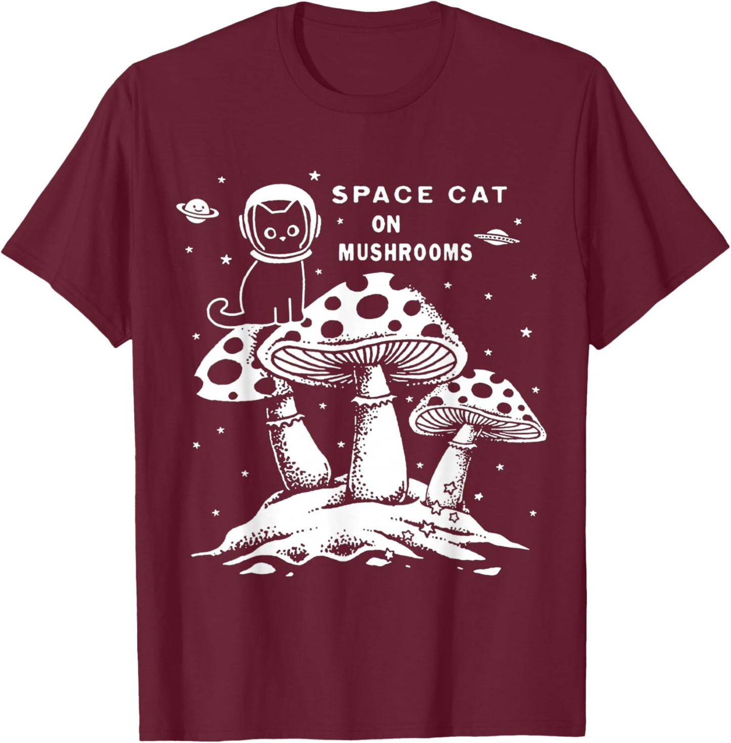 Space Cat on Mushrooms T-Shirt - T-Shirt | Maroon