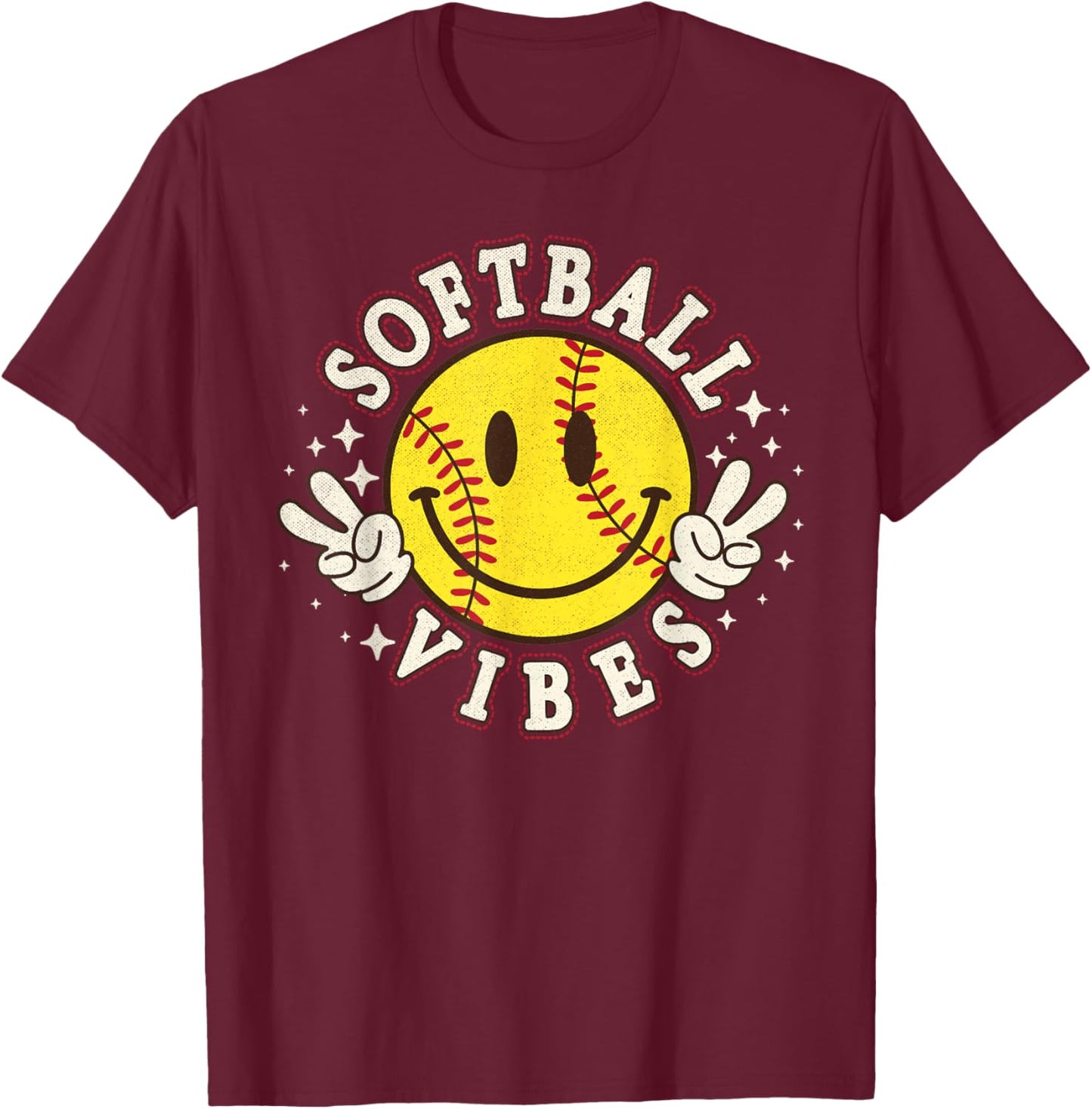 Softball Vibes Smile Face Game Day Softball Life Mom Retro T-Shirt - T-Shirt | Maroon