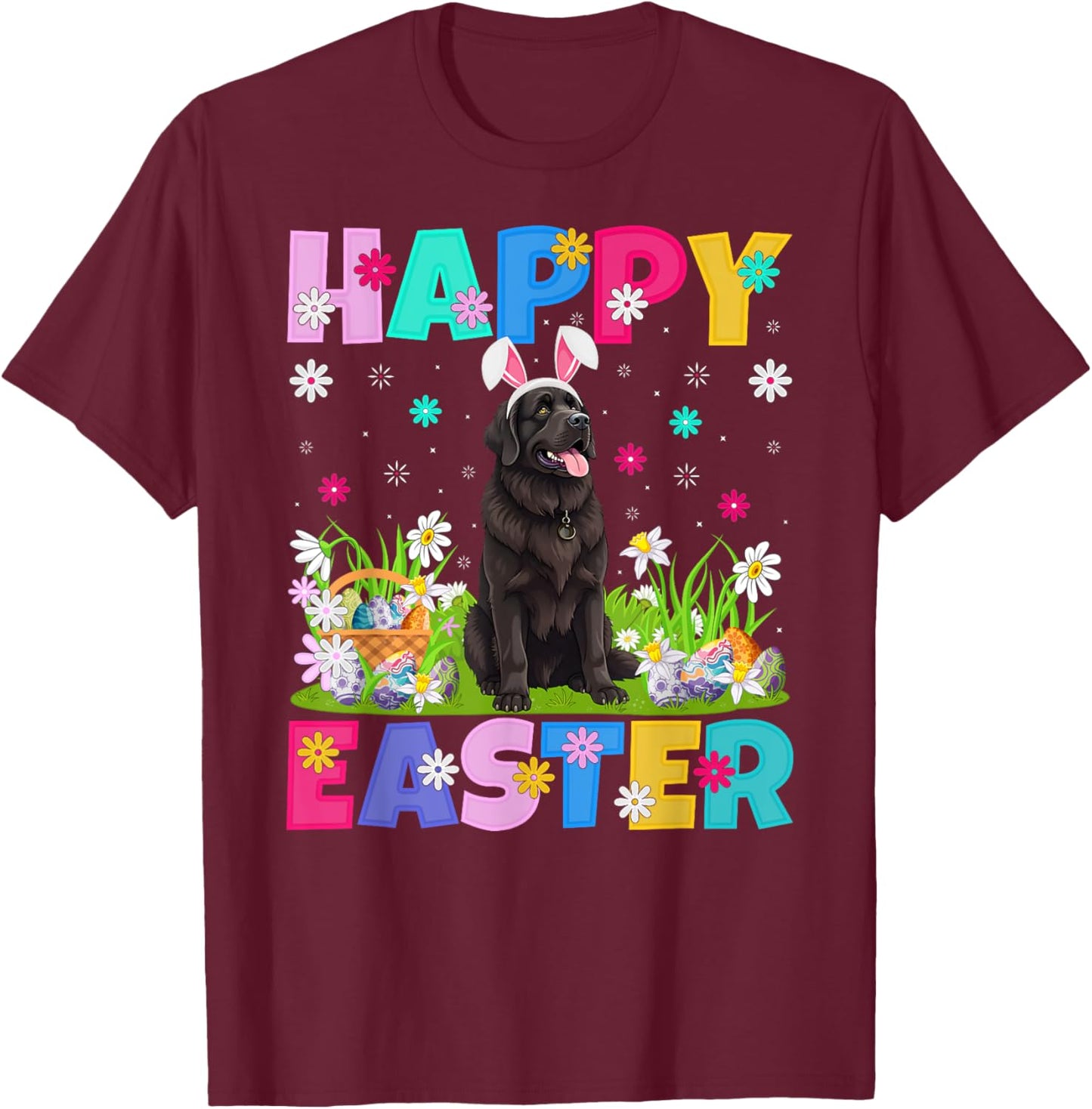 Newfoundland Dog Happy Easter Egg Hunt Bunny Ear Easter T-Shirt - T-Shirt | Maroon