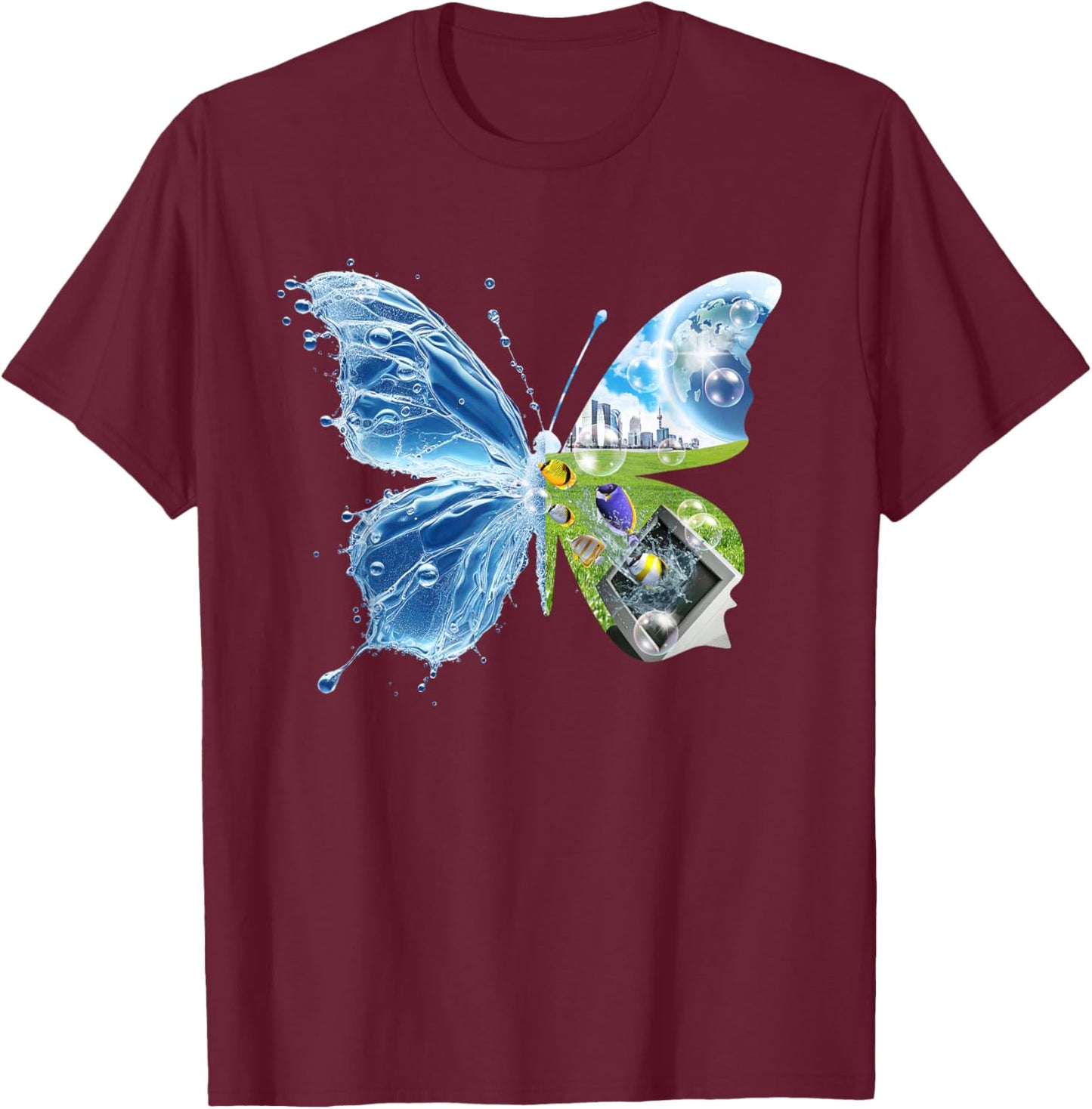 Frutiger Aero Aesthetic Schmetterling Computer Fische Landschaft T-Shirt - T-Shirt | Maroon