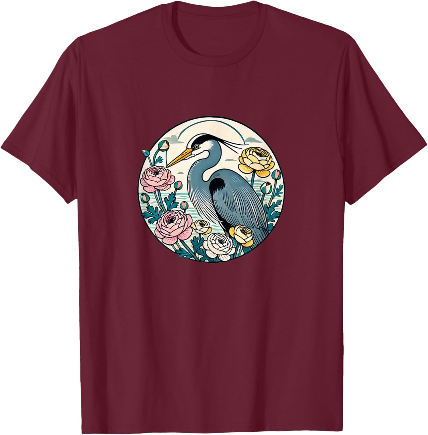 Great Blue Heron Illustration Bird Lover Herons T-Shirt - T-Shirt | Maroon