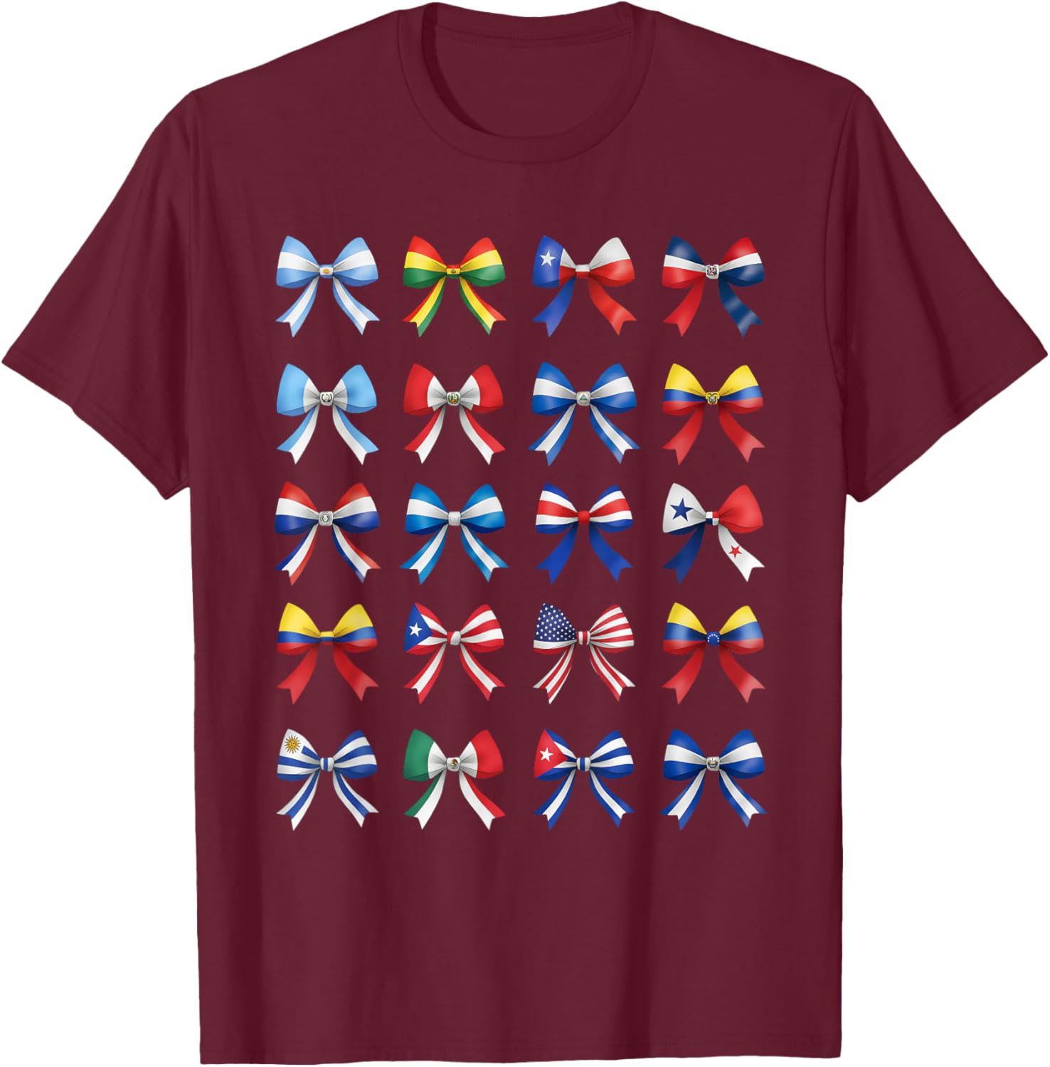 Hispanic Heritage Month Countries Flags Cute Coquette Bow T-Shirt - T-Shirt | Maroon