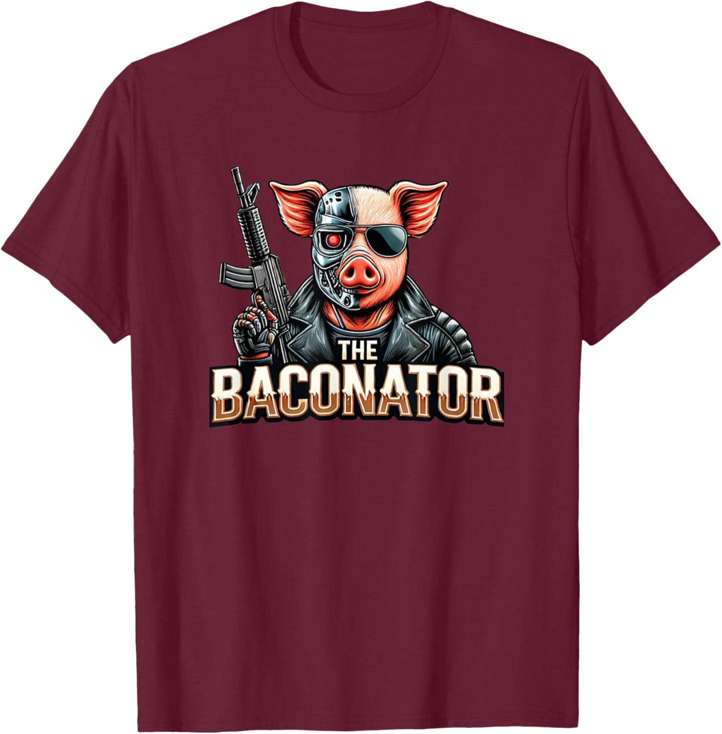 The Baconator Funny Cyborg Pig Action Hero T-Shirt - T-Shirt | Maroon