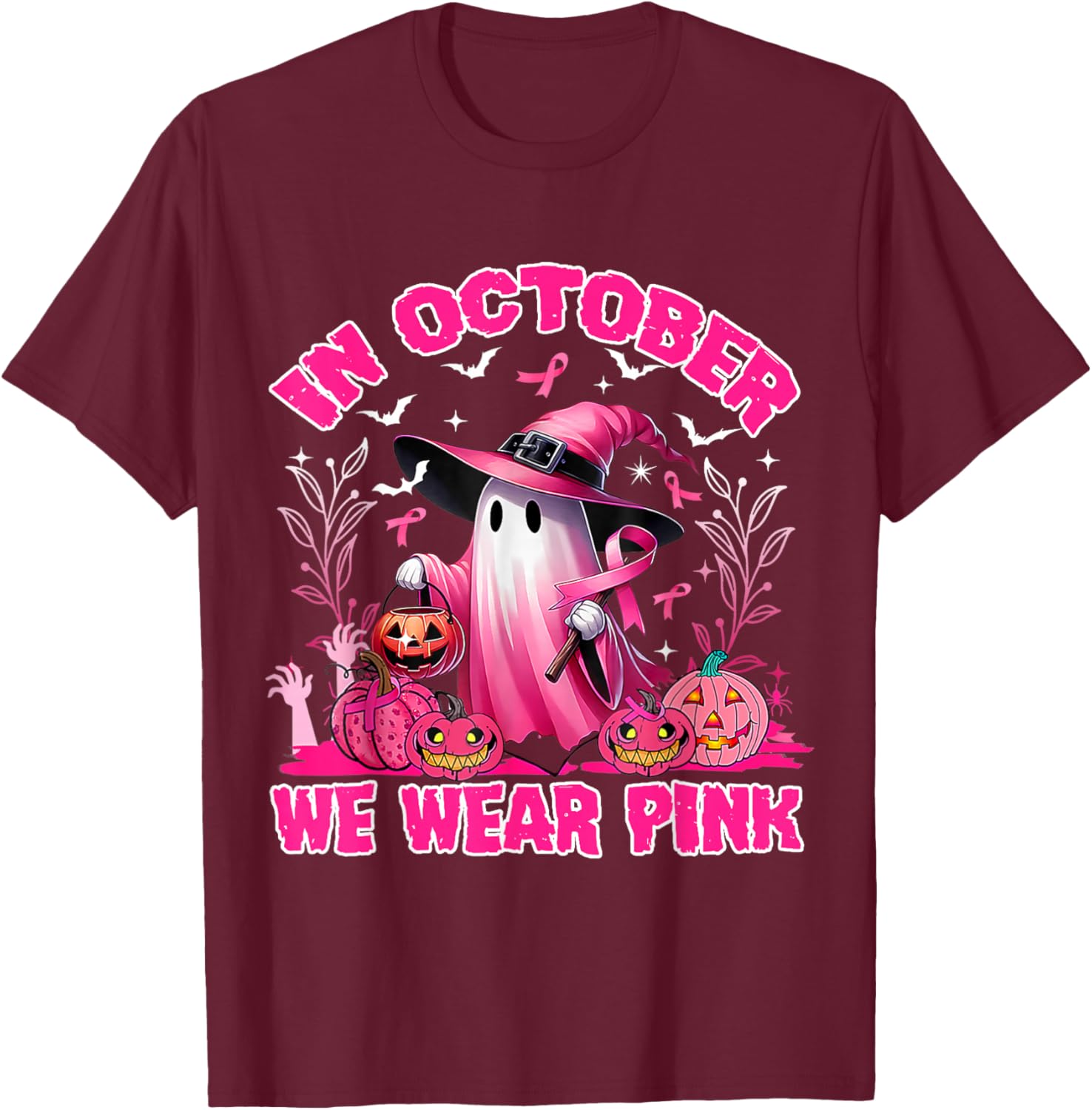 In October We Wear Pink Ghost Witch Breast Cancer Awareness T-Shirt - T-Shirt | Maroon