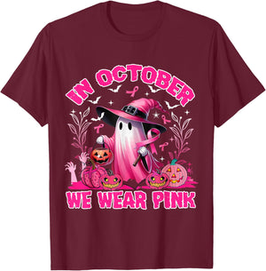 In October We Wear Pink Ghost Witch Breast Cancer Awareness T-Shirt - T-Shirt | Maroon