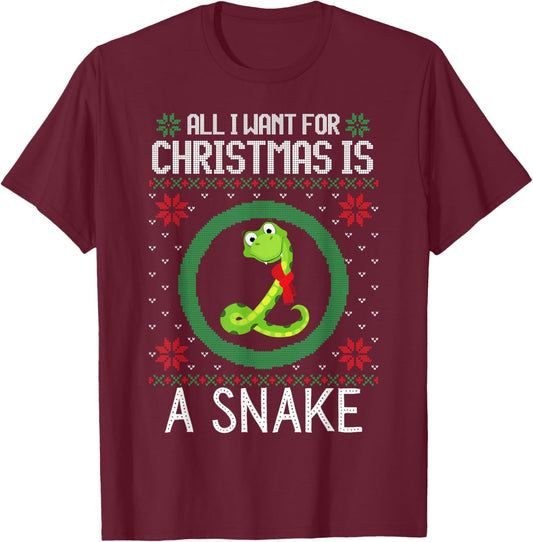 All I Want for Christmas is A Snake Funny Xmas Sweater Retro T-Shirt - T-Shirt | Maroon
