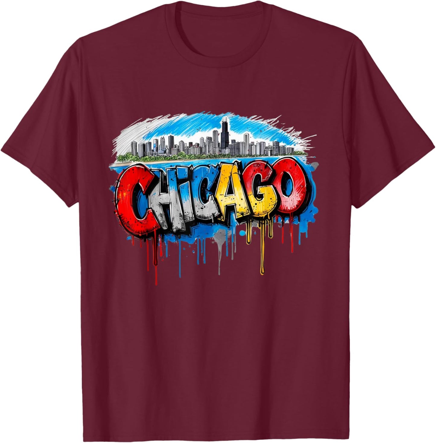 Chicago Skyline Willis Tower Chi-Town Graffiti Art T-Shirt - T-Shirt | Maroon