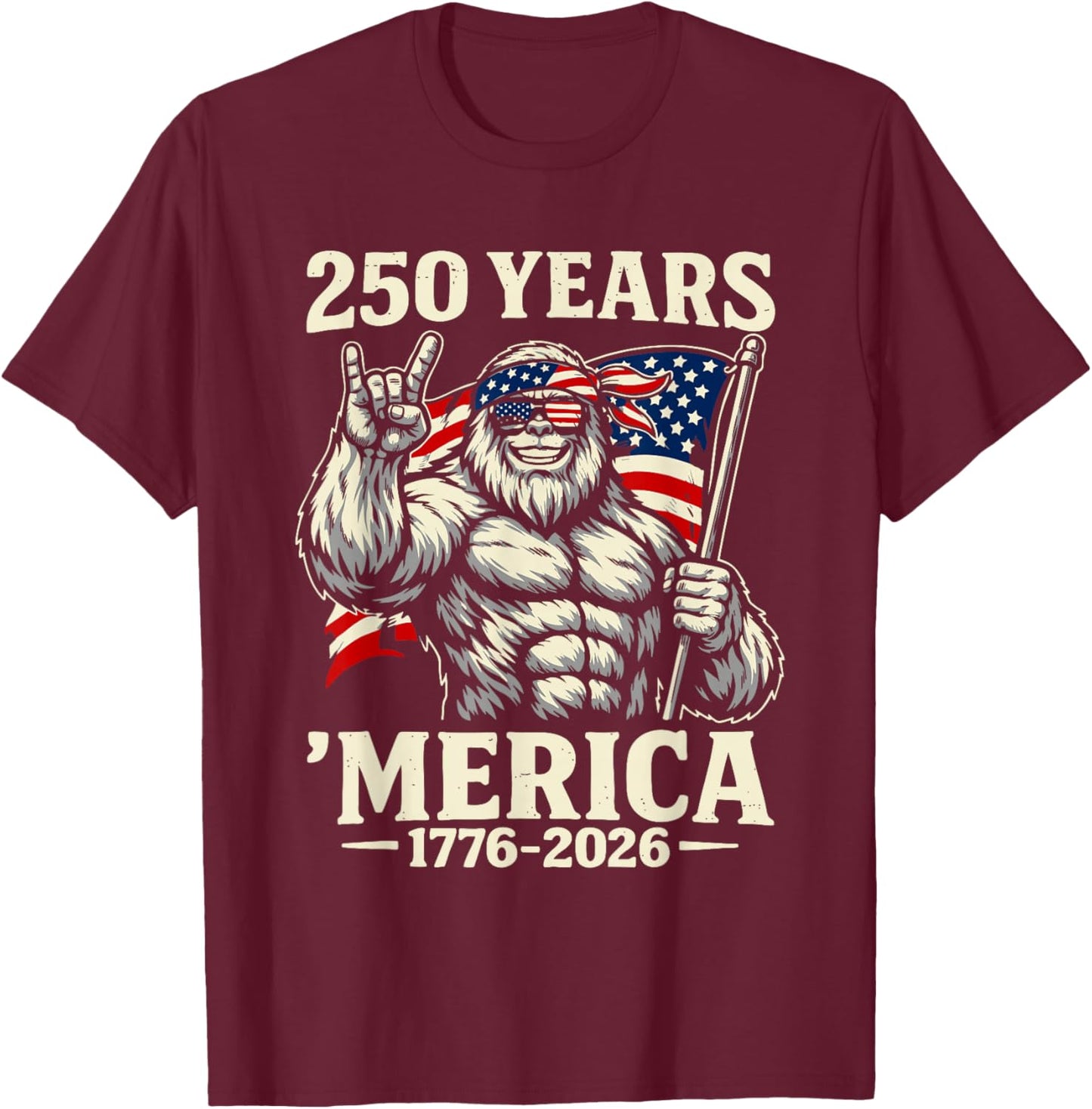 Bigfoot Merica Rock American Flag Patriotic 4th of July T-Shirt - T-Shirt | Maroon