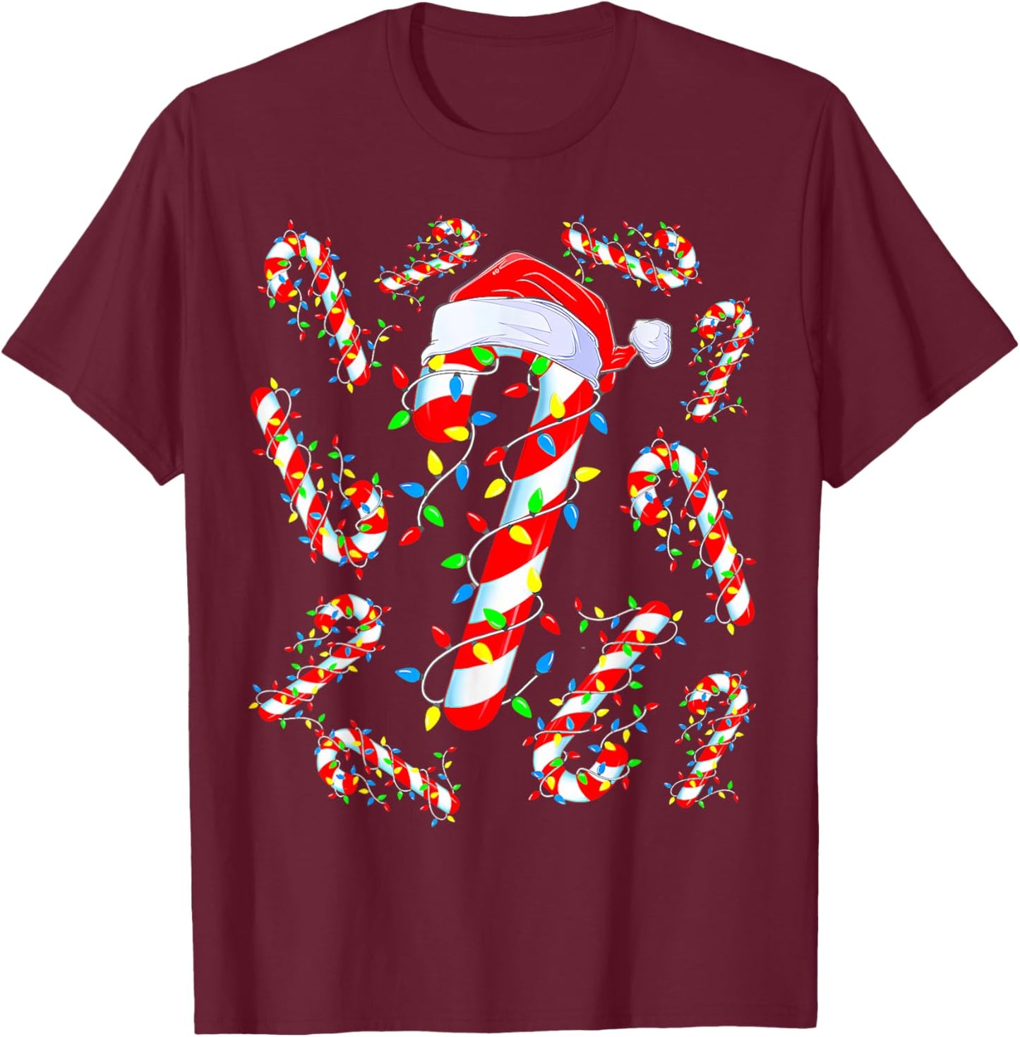 Red And White Candy Cane Santa Christmas Funny Xmas Lights T-Shirt - T-Shirt | Maroon