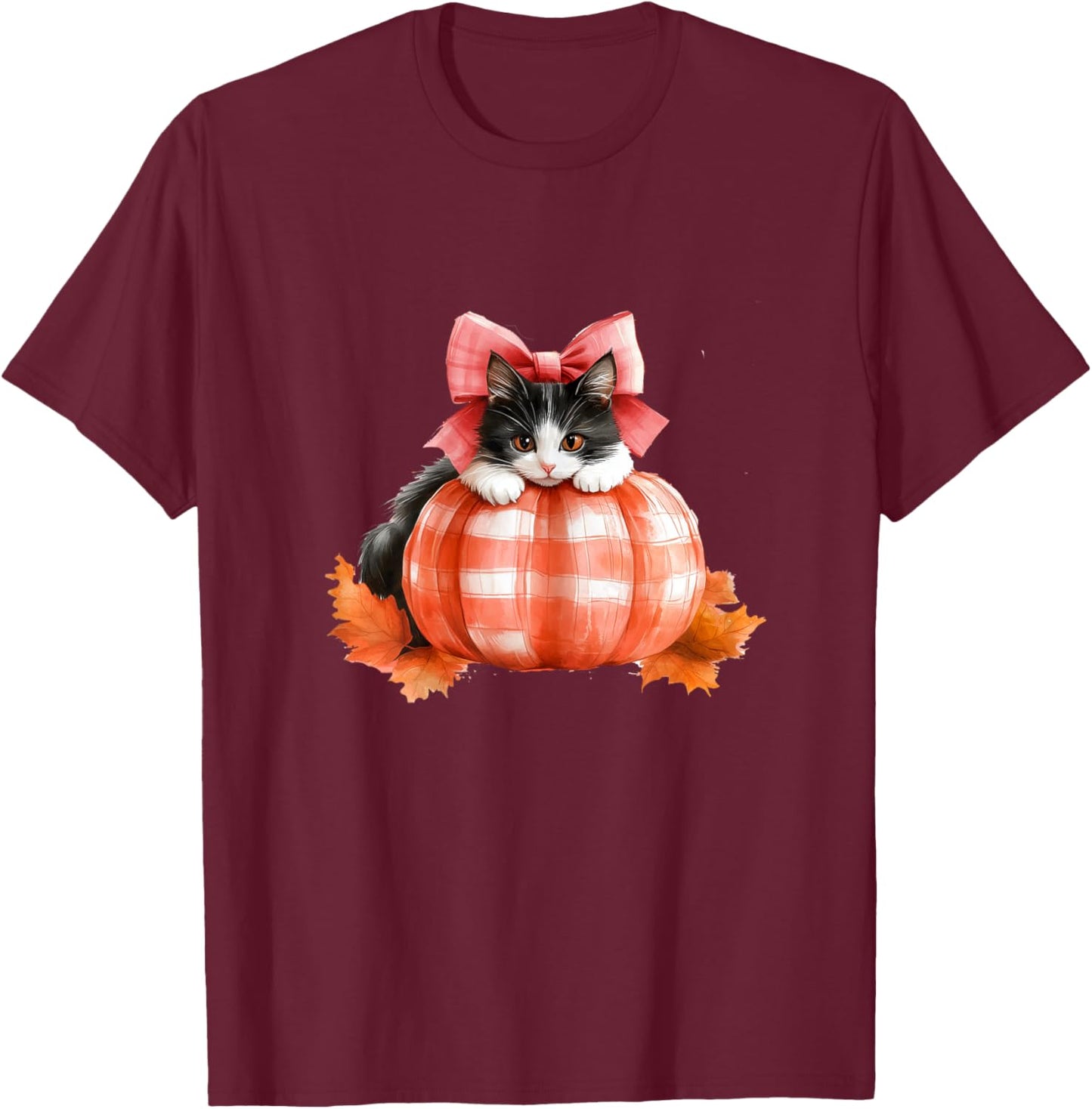 Cute Halloween Pumpkin Cat Pink Fall Plaid Thanksgiving Girl T-Shirt - T-Shirt | Maroon