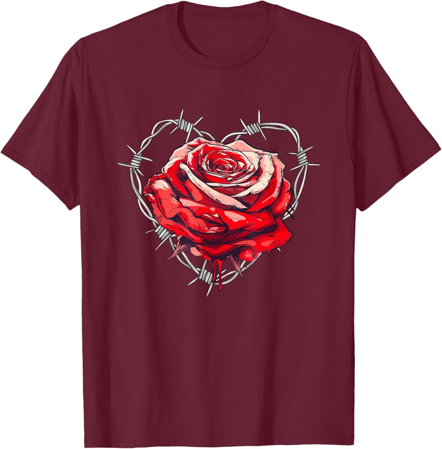 Red Rose in Barbed Wire Love Heart T-Shirt - T-Shirt | Maroon