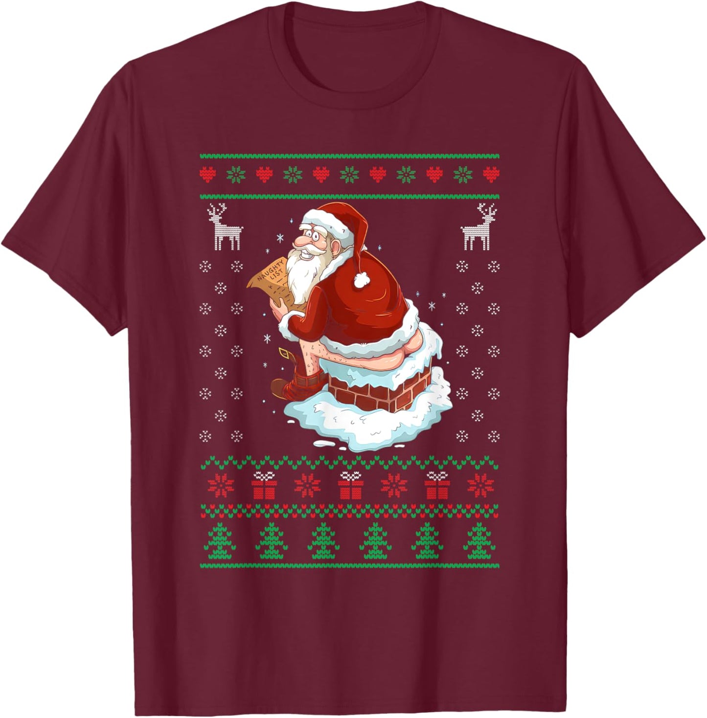 Funny Santa Pooping Down the Chimney Ugly Sweater Christmas T-Shirt - T-Shirt | Maroon