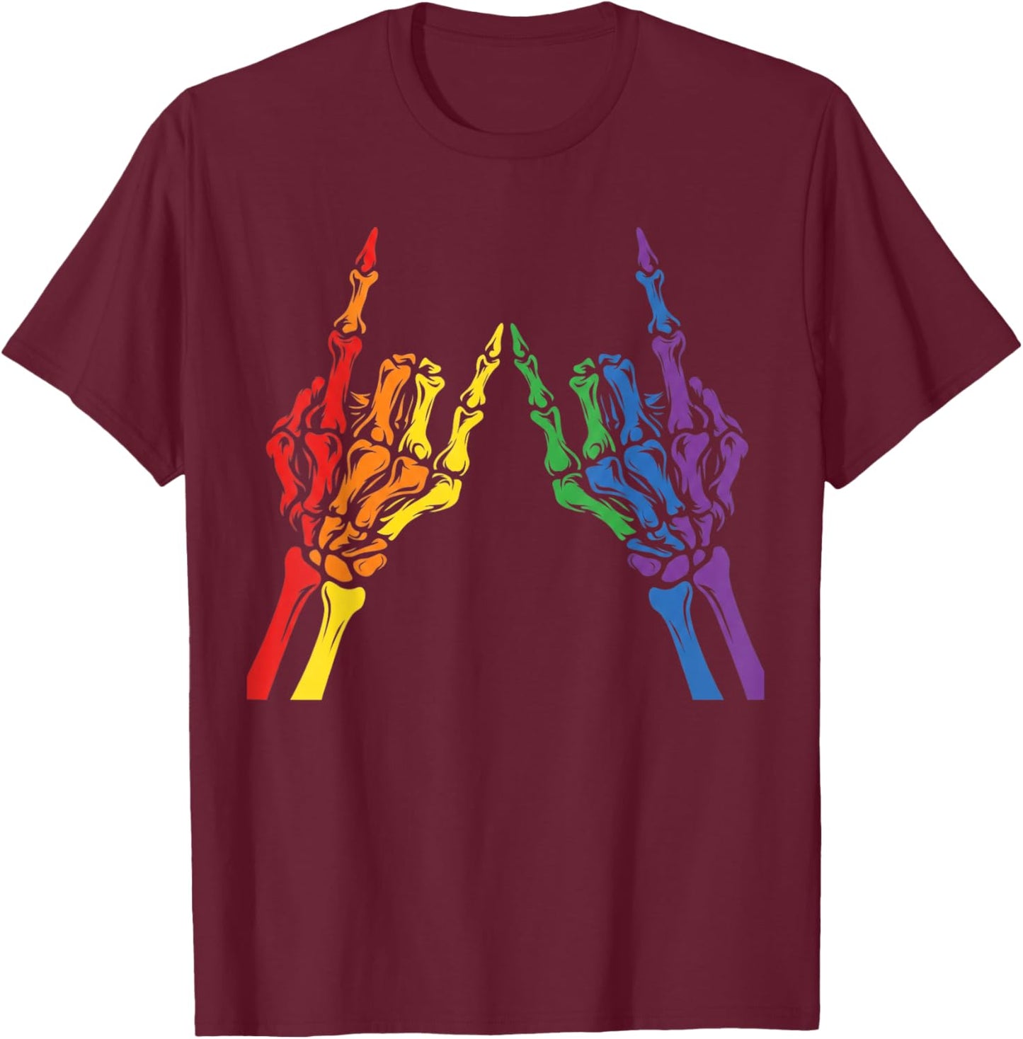 Skeleton Rock Hand LGBT-Q Cool Rainbow Flag Gay Pride Ally T-Shirt - T-Shirt | Maroon