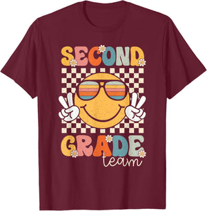 Second Grade Team Smile Retro 1st Day of School 2nd Grade T-Shirt - T-Shirt | Maroon