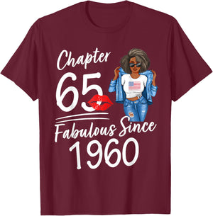 Chapter 65 Fabulous Since 1960 65th Birthday Afro Black Girl T-Shirt - T-Shirt | Maroon