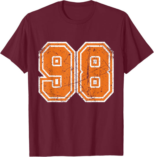 Sports Legendz -Adult Vintage Number #98 Orange Varsity Number T-Shirt - T-Shirt | Maroon