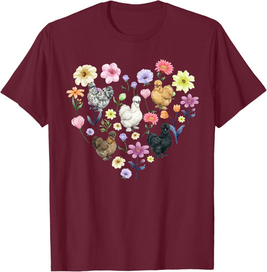 Silkie Chicken Lover Flowers Silkie Owner Silkie Chicken Mom T-Shirt - T-Shirt | Maroon