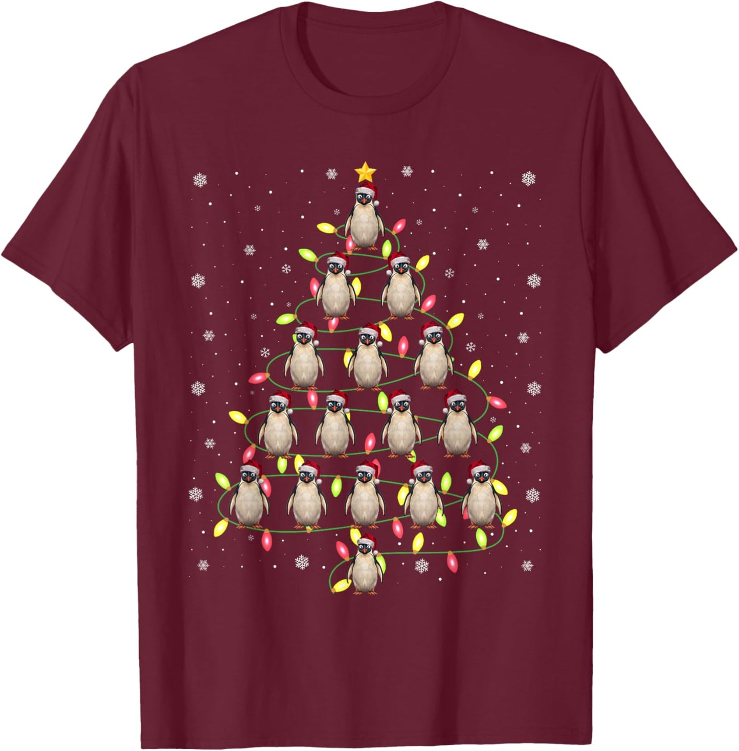 Penguin Santa Christmas Tree Lights Ugly Sweater Style T-Shirt - T-Shirt | Maroon