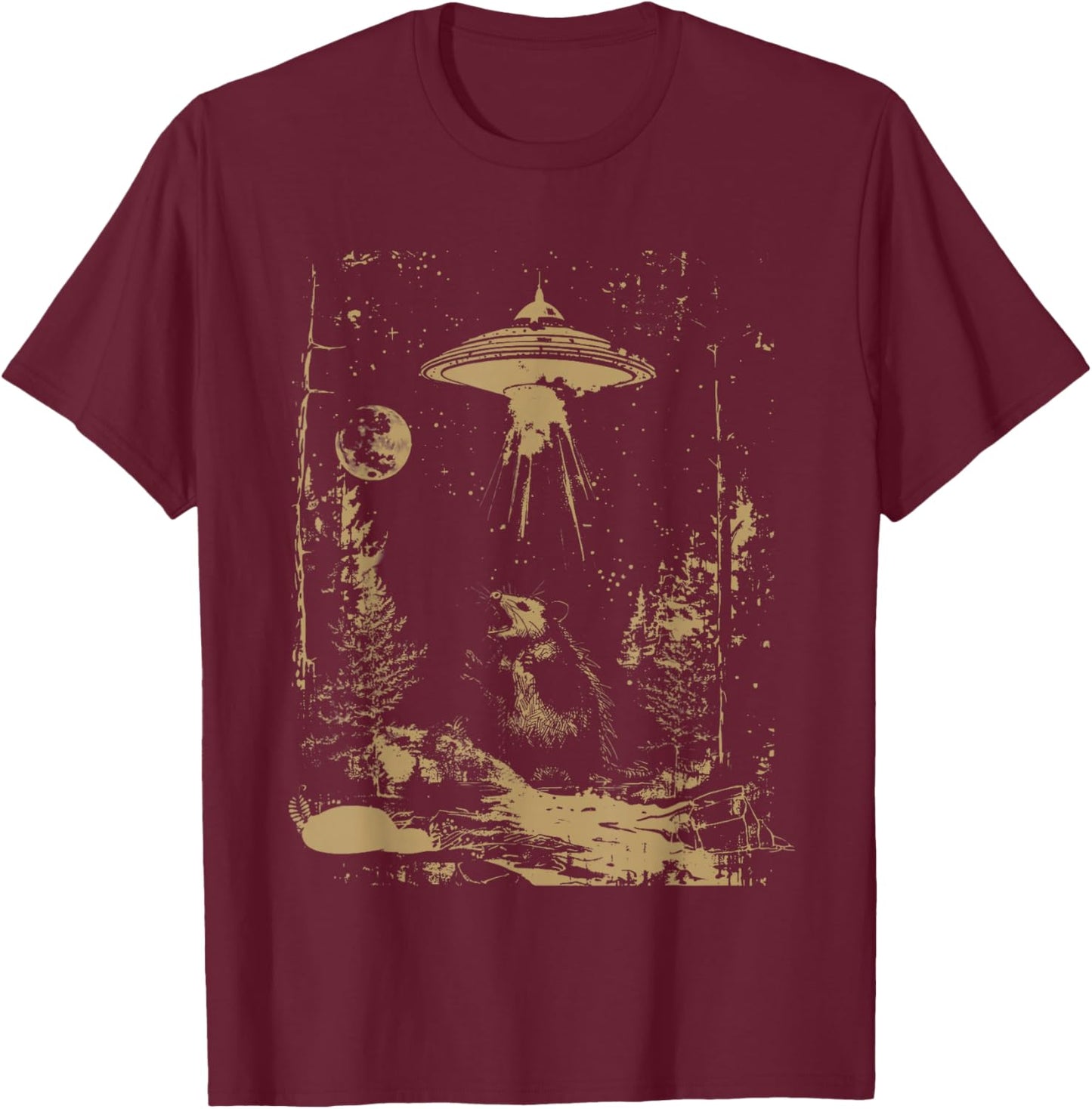 Retro UFO Possum Graphic T-Shirt - T-Shirt | Maroon