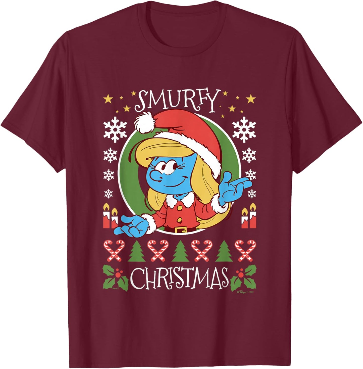 The Smurfs Christmas Smurfy Christmas Smurfette Chest Logo T-Shirt - T-Shirt | Maroon