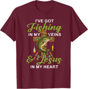 I've Got Fishing in My Veins & Jesus in My Heart Fishing T-Shirt - T-Shirt | Maroon