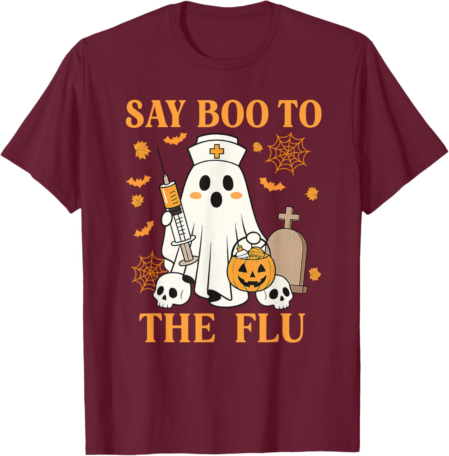 Retro Nurse Ghost Halloween Vaccine Say Boo to The Flu T-Shirt - T-Shirt | Maroon